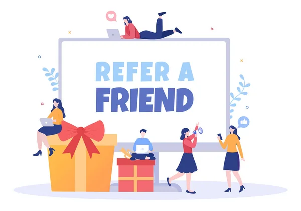 Refer Friend Flat Design Illustration Megaphone Screen Mobile Phone Social — 图库矢量图片