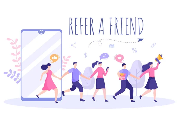 Refer Friend Flat Design Illustration Megaphone Screen Mobile Phone Social — Stock Vector