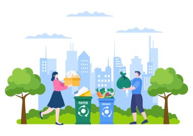 Atık Organik, Kağıt veya Plastikle Geri Dönüşüm Süreci Banner, Arkaplan ve Düz Çizimde Web İçin Uygun Ekolojik Çevreyi Korumak İçin