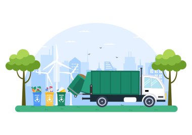 Ekolojinin Geri Dönüşüm Süreci Düz Çizim Arkaplanı Organik Atık, Kağıt ya da Plastik Bir Kamyona Yüklendi ve Yanmaya Getirildi