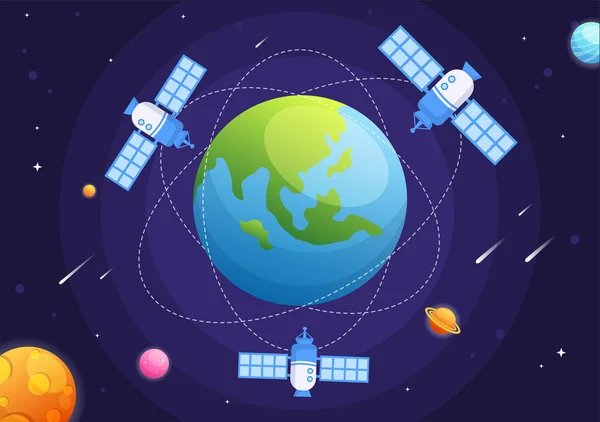 Artificiella Satelliter Som Kretsar Runt Planeten Jorden Med Trådlös Teknik — Stock vektor
