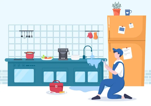 Plumbing Service Plumber Workers Repair Maintenance Fix Home Cleaning Bathroom - Stok Vektor