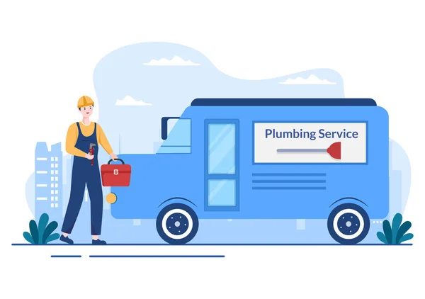 Plumber 노동자 서비스 Fix Home Cleaning Bathroom Equipment Flat Background — 스톡 벡터