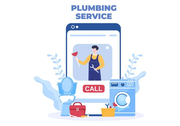 Online Plumbing Service Plumber Workers Repair Maintenance Fix Home Cleaning — 图库矢量图片
