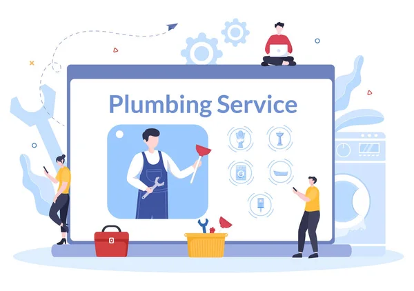 Online Plumbing Service Plumber Workers Repair Maintenance Fix Home Cleaning — 图库矢量图片
