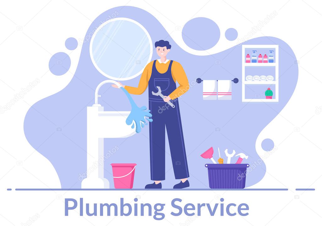 Plumbing Service with Plumber Workers Repair, Maintenance Fix Home and Cleaning Bathroom Equipment in Flat Background Illustration