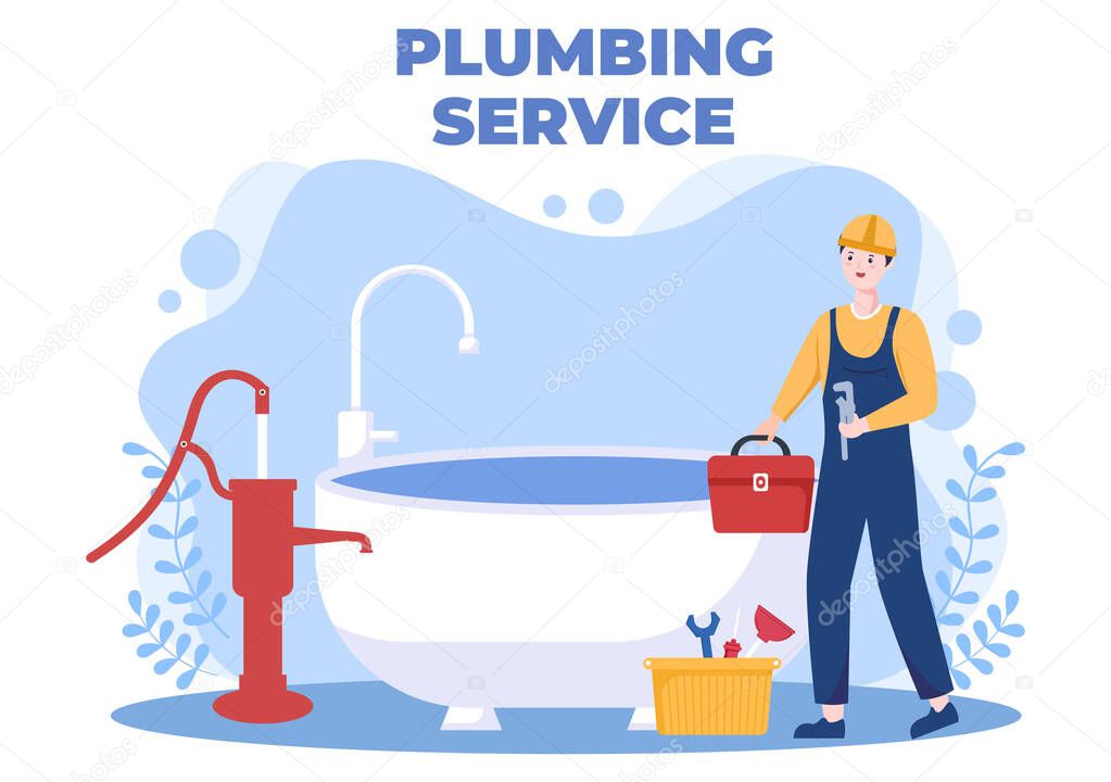 Plumbing Service with Plumber Workers Repair, Maintenance Fix Home and Cleaning Bathroom Equipment in Flat Background Illustration