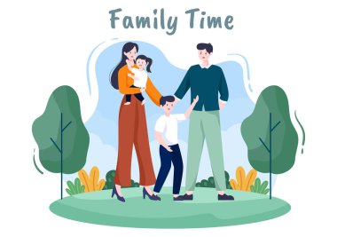 Neşeli Ebeveynler ve Çocukların Aile Saati Birlikte Park 'ta Poster ve Arkaplan Çizimleri İçin Değişik Rahatlatıcı Etkinlikler Yaparak Birlikte Zaman Geçiriyorlar