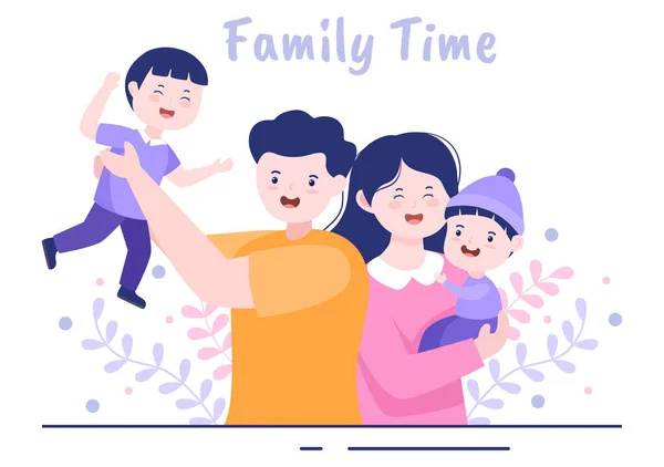 Családi Idő Örömteli Szülők Gyermekek Töltenek Időt Együtt Otthon Csinál — Stock Vector
