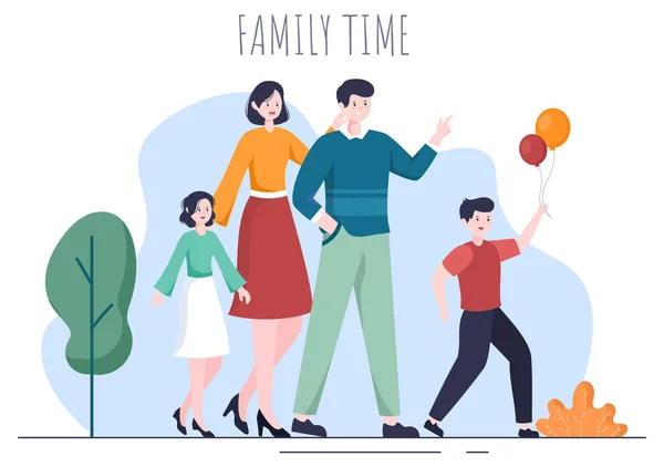 Family Time Joyful Parents Children Spending Time Together Park Doing — 图库矢量图片