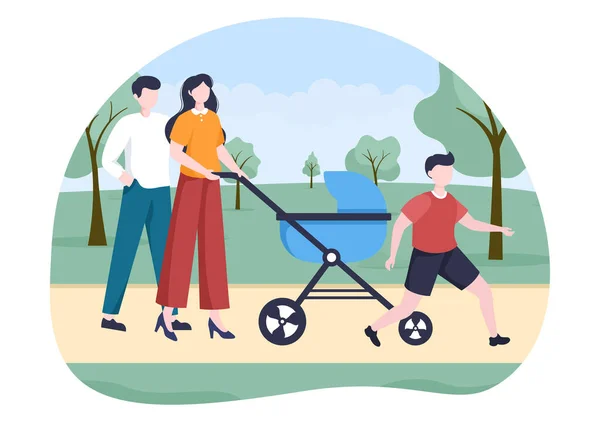 Familjetid Glada Föräldrar Och Barn Tillbringar Tid Tillsammans Parken Gör — Stock vektor