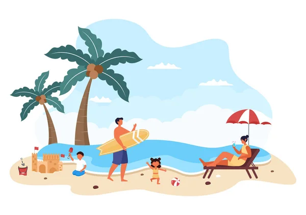 Tiempo Familia Padres Alegres Niños Pasando Tiempo Juntos Playa Haciendo — Vector de stock