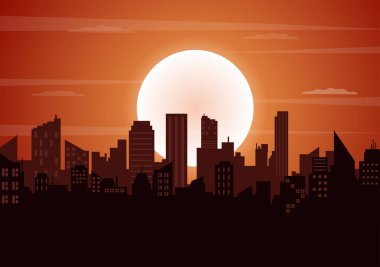 Günbatımı Modern Şehir Skyline Manzarası Şehir Binalarının Orange Sky ve Şehir Gökyüzü Poster, Sancak veya Arkaplan Resimlerinde