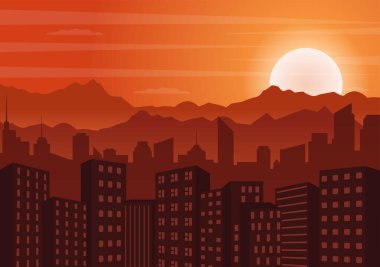 Günbatımı Modern Şehir Skyline Manzarası Şehir Binalarının Orange Sky ve Şehir Gökyüzü Poster, Sancak veya Arkaplan Resimlerinde