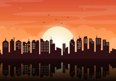 Günbatımı Modern Şehir Skyline Manzarası Şehir Binalarının Orange Sky ve Şehir Gökyüzü Poster, Sancak veya Arkaplan Resimlerinde