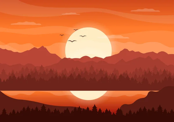 ポスター バナーまたは背景イラストのための平らな野生の自然で山 湖と谷の日没の風景 — ストックベクタ