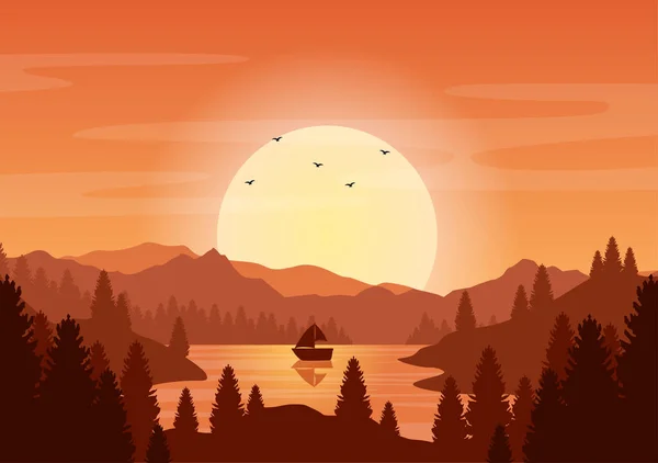 ポスター バナーまたは背景イラストのための平らな野生の自然で山 湖と谷の日没の風景 — ストックベクタ