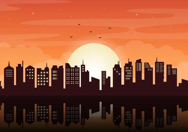 Günbatımı Modern Şehir Skyline Manzarası Şehir Binalarının Orange Sky Şehir — Stok Vektör