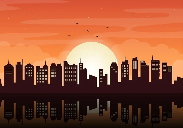 Sunset Modern City Skyline Landscape Orange Sky Town Buildings Cityscape — Stock vektor