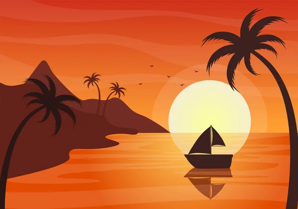 Sea Sunset Landscape Sun Ocean Clouds Water Surface Palm Tree — 图库矢量图片