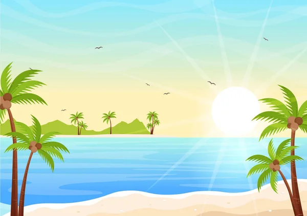 ヤシの木とビーチがフラット背景で朝のシーンの海の上の海の日の出の風景バナーのイラスト — ストックベクタ