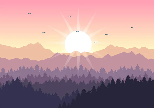 Sunrise Landscape Morning Scene Mountains Hill Lake Valley Flat Nature — стоковий вектор