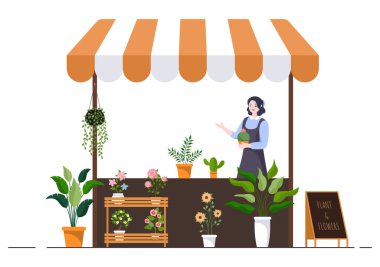 Flowers Store and Plants Shop with Florists Care, Organic Natural Products for Home Garden Green Decoration in Flat Background Vector Illustration