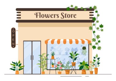Flowers Store and Plants Shop with Florists Care, Organic Natural Products for Home Garden Green Decoration in Flat Background Vector Illustration