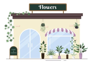 Flowers Store and Plants Shop with Florists Care, Organic Natural Products for Home Garden Green Decoration in Flat Background Vector Illustration