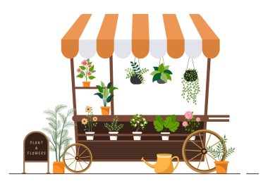 Flowers Store and Plants Shop with Florists Care, Organic Natural Products for Home Garden Green Decoration in Flat Background Vector Illustration