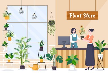 Flowers Store and Plants Shop with Florists Care, Organic Natural Products for Home Garden Green Decoration in Flat Background Vector Illustration