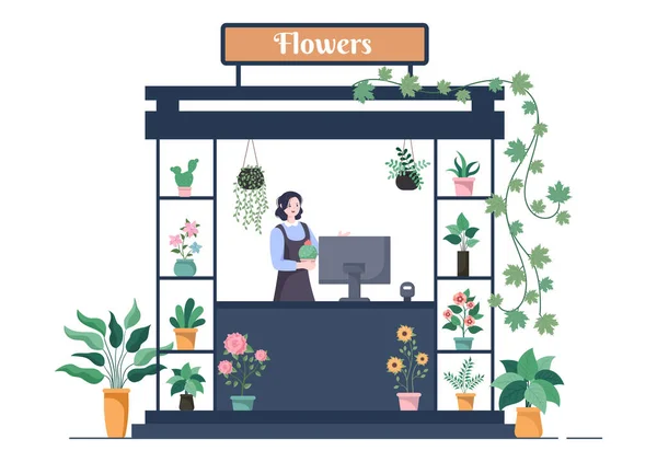 Tienda Flores Plantas Tienda Con Cuidado Floristas Productos Naturales Ecológicos — Vector de stock