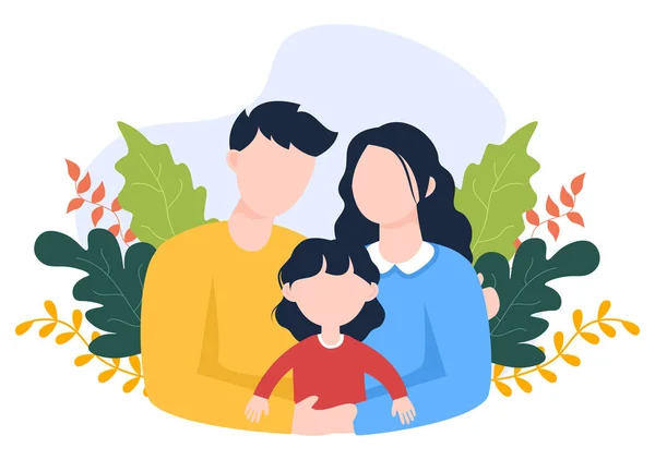 在关爱家庭中相互拥抱的母亲 父亲和孩子的父母 可爱的卡通背景图 横幅或心理学的矢量图解 — 图库矢量图片