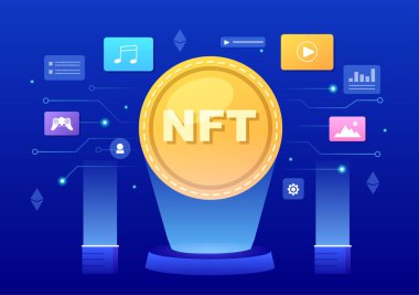NFT Non Fungible Token Crypto Art of Converting Into Digital Network with Coin Servers for Banner or Poster in Flat Background Illustration