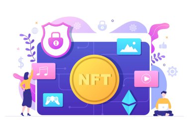 Banner için Bozuk Para Sunucuları veya Düz Arkaplan Resimlerinde Poster ile Dijital Ağa Dönüştürme NFT Fonu Fonu Olmayan Token Kripto Sanatı
