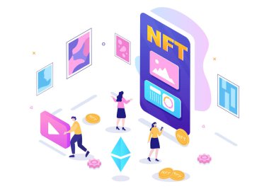 Banner için Bozuk Para Sunucuları veya Düz Arkaplan Resimlerinde Poster ile Dijital Ağa Dönüştürme NFT Fonu Fonu Olmayan Token Kripto Sanatı