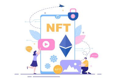 Banner için Bozuk Para Sunucuları veya Düz Arkaplan Resimlerinde Poster ile Dijital Ağa Dönüştürme NFT Fonu Fonu Olmayan Token Kripto Sanatı