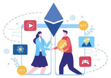 Banner için Bozuk Para Sunucuları veya Düz Arkaplan Resimlerinde Poster ile Dijital Ağa Dönüştürme NFT Fonu Fonu Olmayan Token Kripto Sanatı
