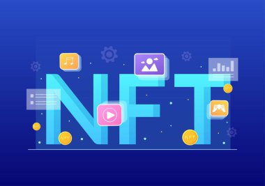 NFT Non Fungible Token Crypto Art of Converting Into Digital Network with Coin Servers for Banner or Poster in Flat Background Illustration
