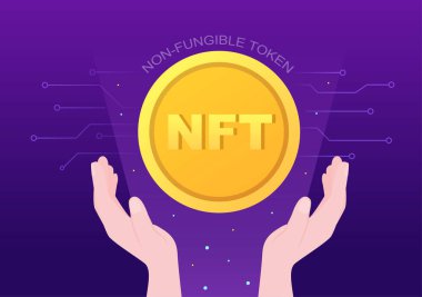 Banner için Bozuk Para Sunucuları veya Düz Arkaplan Resimlerinde Poster ile Dijital Ağa Dönüştürme NFT Fonu Fonu Olmayan Token Kripto Sanatı
