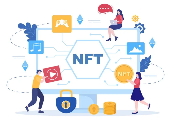 Nft Non Fundible Token Crypto Art Converting Digital Network Coin — Διανυσματικό Αρχείο