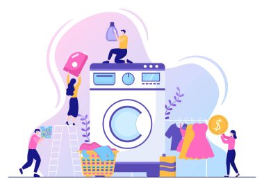 Laundry with Wash and Drying Machines in Flat Background Illustration. Dirty Cloth Lying in Basket and Women are Washing Clothes for Banner or Poster