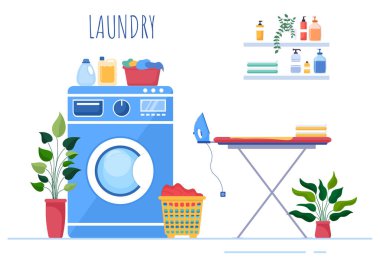 Laundry with Wash and Drying Machines in Flat Background Illustration. Dirty Cloth Lying in Basket and Women are Washing Clothes for Banner or Poster