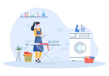 Laundry with Wash and Drying Machines in Flat Background Illustration. Dirty Cloth Lying in Basket and Women are Washing Clothes for Banner or Poster