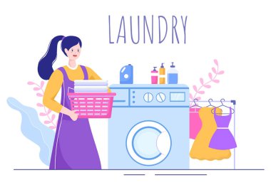 Laundry with Wash and Drying Machines in Flat Background Illustration. Dirty Cloth Lying in Basket and Women are Washing Clothes for Banner or Poster