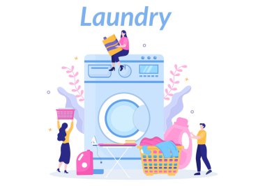 Laundry with Wash and Drying Machines in Flat Background Illustration. Dirty Cloth Lying in Basket and Women are Washing Clothes for Banner or Poster