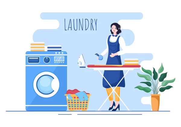 洗濯機と乾燥機をフラット背景イラストで洗濯機 バスケットや女性に横たわる汚れた布は バナーやポスターのための洗濯服です — ストックベクタ