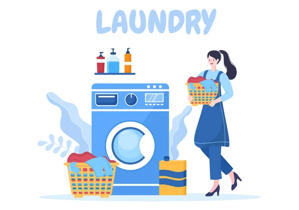 洗濯機と乾燥機をフラット背景イラストで洗濯機 バスケットや女性に横たわる汚れた布は バナーやポスターのための洗濯服です — ストックベクタ