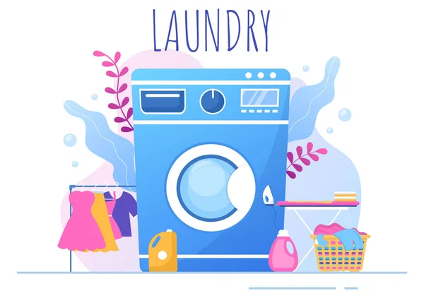 Laundry Wash Drying Machines Flat Background Illustration Dirty Cloth Lying — Archivo Imágenes Vectoriales