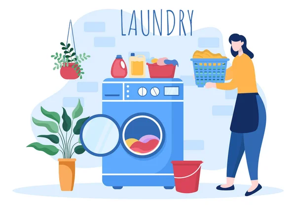 Laundry Wash Drying Machines Flat Background Illustration Dirty Cloth Lying — Stockvector
